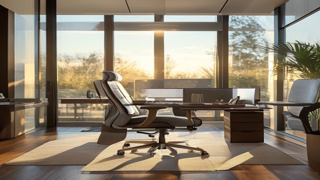 Ergonomic executive office furniture set for home workspaces, enhancing comfort and productivity.