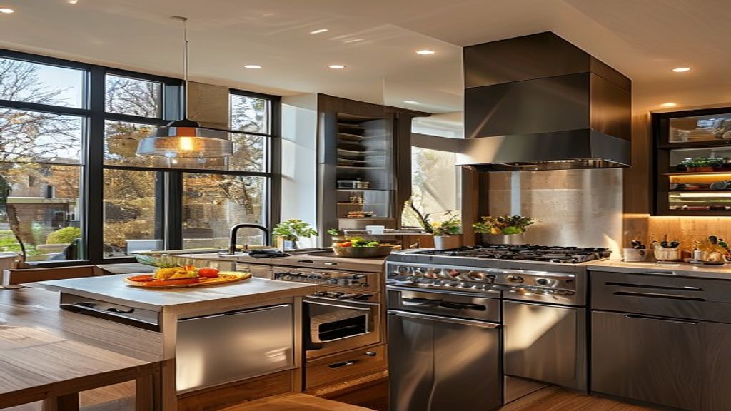 Elegant dining room featuring sleek, luxury built‑in appliances that modernize the space