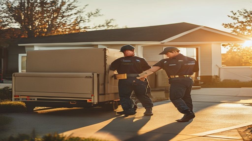 Professional house movers carrying furniture into a new home