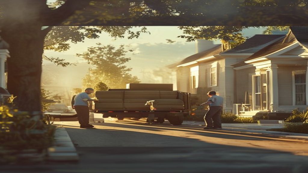 Professional house movers carrying furniture into a new home