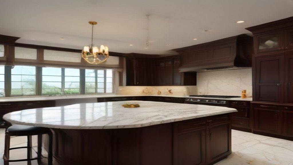 Custom luxury kitchen island with marble top and integrated appliances, perfect for upscale mansion renovations.